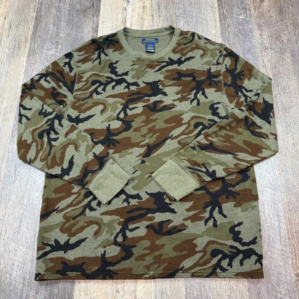 Polo Ralph Lauren Mens XL Camo Waffle Knit Thermal Long Sleeve Shirt Green Brown